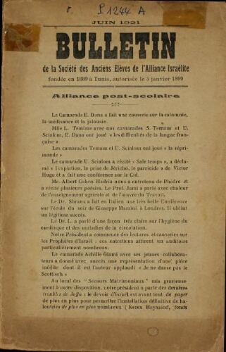 Bulletin de la Société des Anciens Elèves de l'Ecole de l'AIU. (Juin 1921)